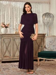 Elegant Women's Charming Long Stand Collar Pleated Chest Formal Evening Gown, Ruffle Flare Skirt, Perfect For Special Occasions - Maroon - View 4