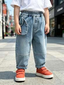 Young Boy Autumn Loose Fit Denim Jeans With Pockets, Suitable For Back To School And Daily Wear - Baby Blue - View 3