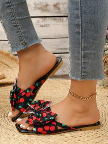 Fashion Cherry Pattern Bowknot Decor Square Toe Flip Flops, Women's Summer Outdoor Soft Sole Flat Thong Sandals - Black and Red - View 3