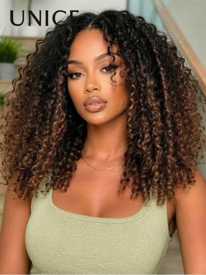 UNice 7x5 Bye Bye Slip™ Glueless Lace Black To Chestnut Brown Ombre Burmese Curly With Finger Coil Ends Wig Transparent Lace With Drawstring Fit For All Sizes Pre Plucked Pre Cut Bleached Knots Lace Front Wig Ready To Wear Beginner Friendly For Women