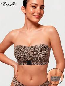 Women's Leopard Print Bandeau Bra With Front Clasp, Seamless Sexy Invisible Strapless Wire-Free Backless Bra, Anti-Slip Invisible Back-Showing Bra With Transparent Shoulder Straps - Khaki - View 2