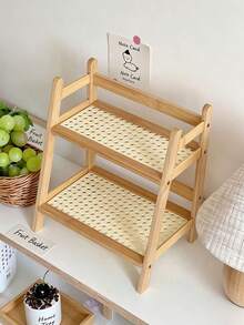 5PCS/1PC Ins Vintage Style Rattan Material Double-Tier Rectangular Shape Featuring Woven Mesh Shelves And Space-Saving Storage Function Desktop Organizer Shelf Suitable For Office Desk And Bedroom Vanity Decoration - Multicolor - View 10