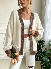 Women's French Minimalist Contrast V-Neck Long Sleeve Knit Cardigan – Fall/Winter Home Casual Fashion Versatile Loose Drop Shoulder Sweater Coat - White - View 2