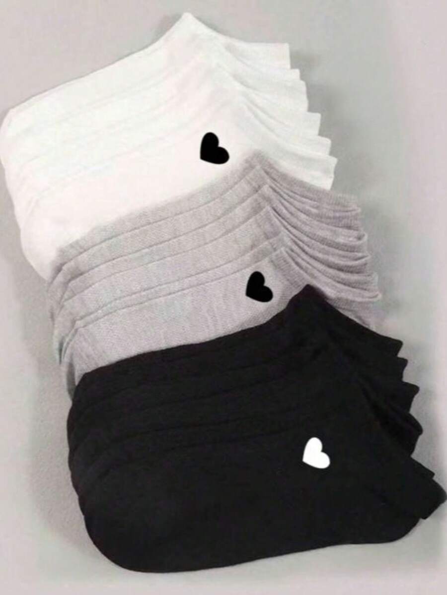 1/3/5/10 Pairs Women's Solid Color Versatile Heart Print Casual Invisible Socks - Multicolor - View 1