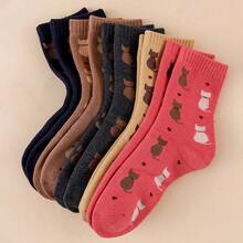 CT TAPESOCKS 5 Pairs Autumn/Winter Women's Cute Cartoon Cat Pattern Printed Versatile Soft And Comfortable Mid Tube Woolen Loop Socks - 5 Pairs Of Mixed Colors - View 3