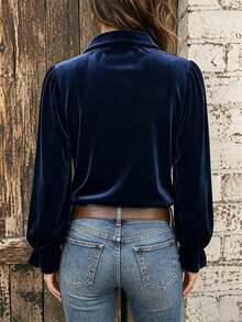 Women's Korean Velvet Long Sleeve Flare Sleeve Ruffle Blouse, Elegant Lapel Autumn Top - Navy Blue - View 5