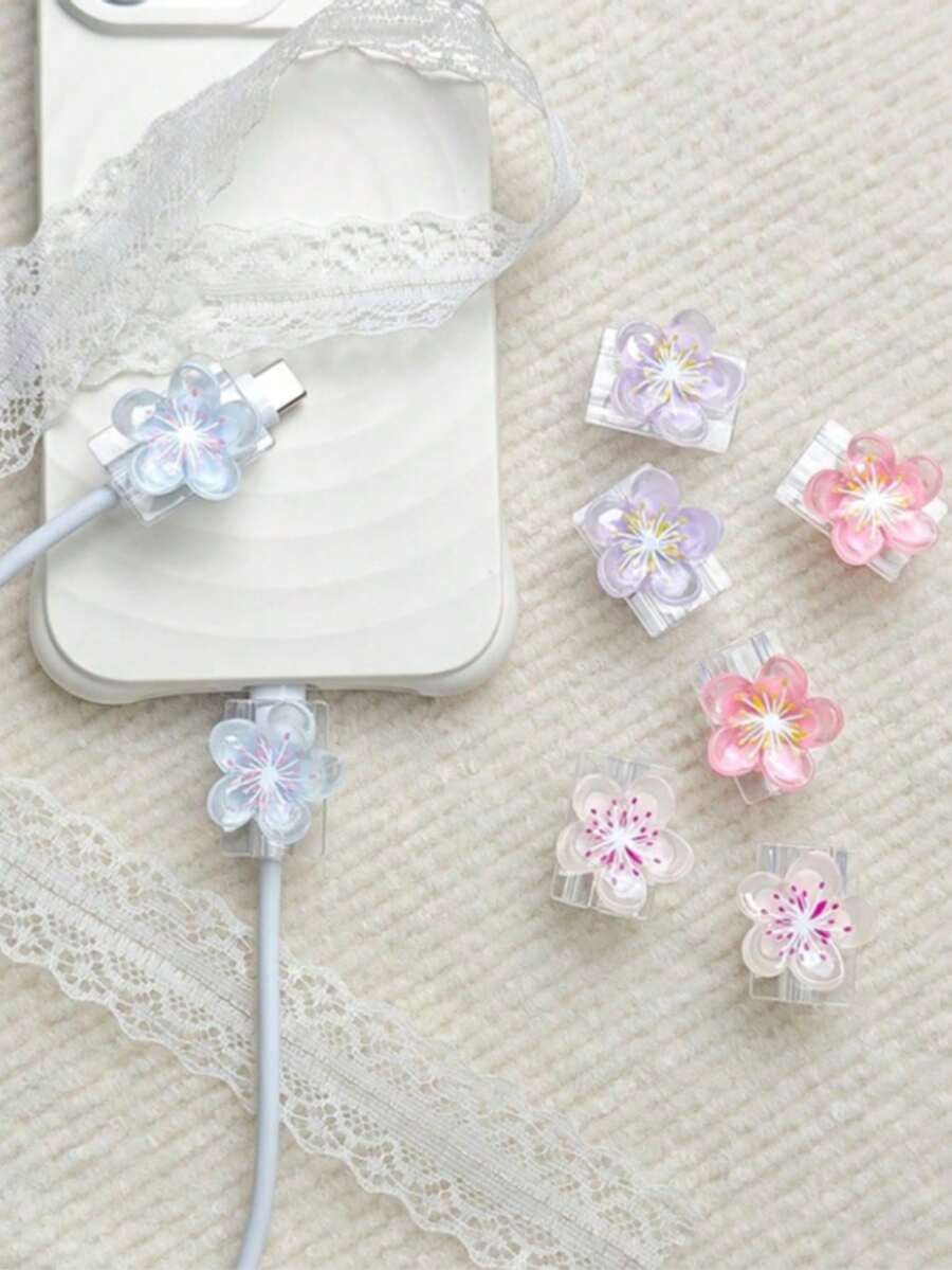 2pcs Icy Transparent Sakura Data Cable Protective Sleeve, Ins Soft Girl Style Digital Accessory, Transparent Sakura Data Cable Protective Sleeve Compatible With Apple 18W/20W PD Fast Charging, Spring Fresh Overseas Gift - Multicolor - View 1