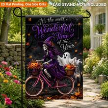 1pc 2D Flat Garden Flag, Halloween Theme Witch Riding Bicycle Polyester Garden Flag, Single-Sided Print, Suitable For Home And Garden, Holiday Decoration, Porch Decor, Flag Pole Not Included - A - View 5