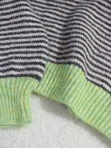 Women's Vintage Colorblock Striped Knit Sweater With Dropped Shoulders And Puff Sleeves, Winter Top For Casual, Commuting, Dating And Vacation Fall - Green - View 6