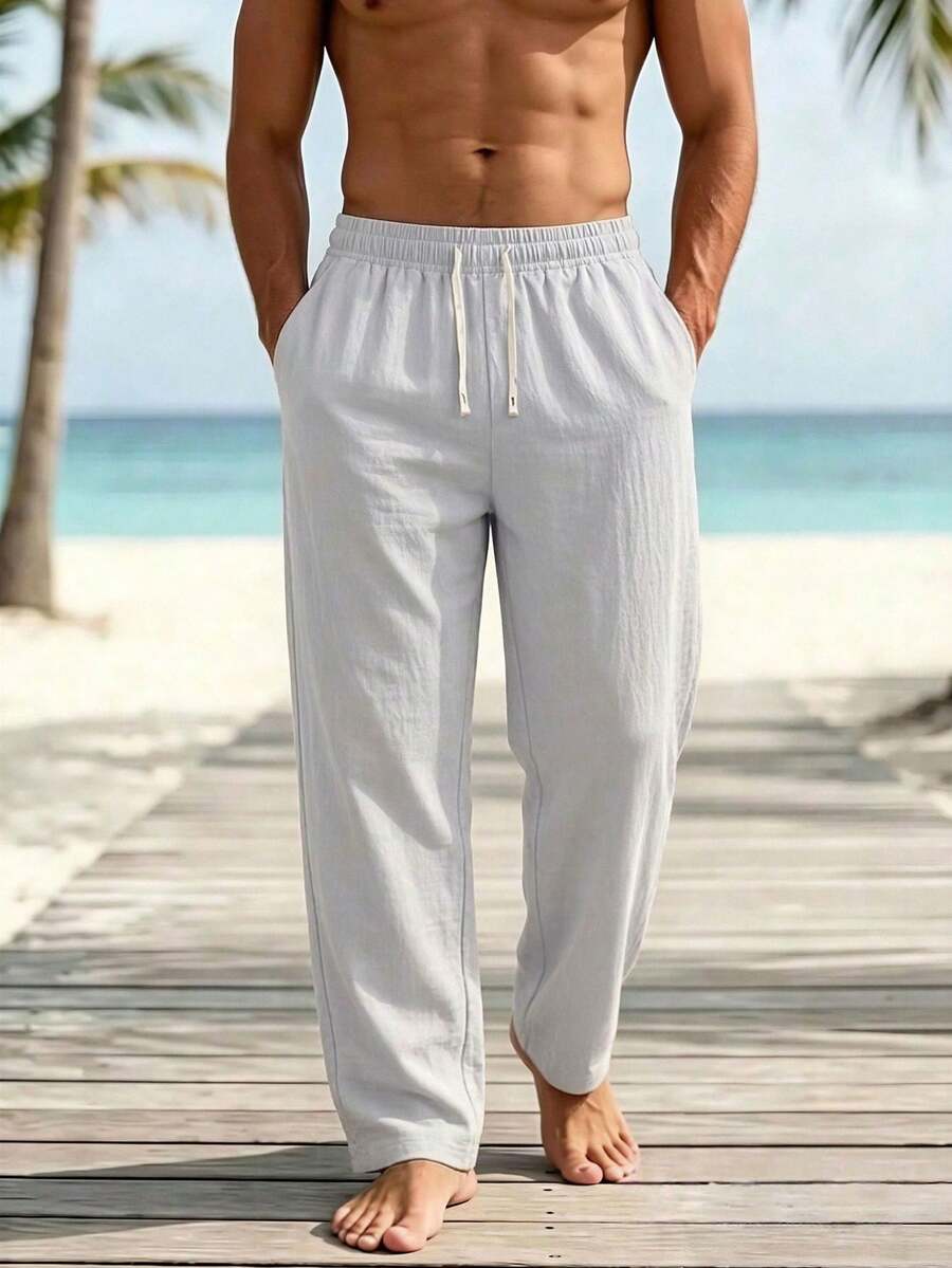 Blue Linen Men's Pants, Loose Fit, Wide Leg, Comfortable, Summer, Home, Casual, Flowy, Open Hem, Drawstring Waist Sports - Baby Blue - View 1