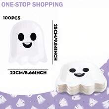 20/25/30/50/100PCS Disposable Paper Tableware Set 10 Inch Ghost Shaped Paper Plates & Napkins, Black & White Cartoon Ghost Design, Wavy Edge, Suitable For Halloween Party, Dessert Table, Family Gathering, Holiday Decoration - Multicolor - View 8
