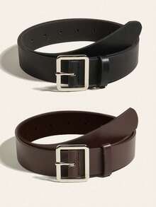 2pcs/Set Ladies' Brown & Black Leather Waist Belt With Silver Tone Square Buckle, Simple Style For Daily Wear Casual Fall, Autumn, Halloween - Multicolor - View 12
