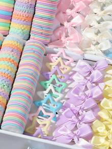 195pcs Spring Color Girls Bow Ribbon Hair Clips Cute Princess Hair Ties High Elasticity Durable Non-Damaging Hair Ropes Hair Bands Towel Rings Women Fashion Five-Point Star BB Clips Versatile Side Clips Alligator Hair Clips Hair Accessories Hair Ornaments Suitable For Daily Use Gift - Multicolor - View 2