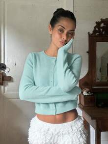 Autumn/Winter Casual Versatile Solid Color Knit Cardigan - Mint Blue - View 2