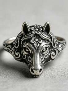 1 Pc Vintage Animal-Themed Ring, Engraved Scroll Animal Pattern, Unisex. No Box. - Antique Silver - View 3