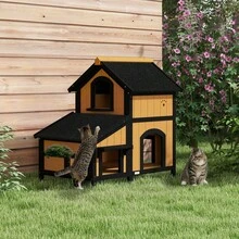 Casa para Gatos de Madera de Abeto de 2 Pisos con Múltiples Entradas, Casa para Animales Pequeños Resistente a la Intemperie con Techo de Asfalto para Uso en Exteriores - Amarillo + Madera - Ver 5