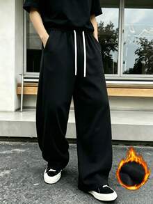 Men's Casual Autumn/Winter Thermal Lined Long Pants. Drawstring Minimalist Design. Side Pockets - Convenient For Carrying And Storage Sports Black - Black - View 4
