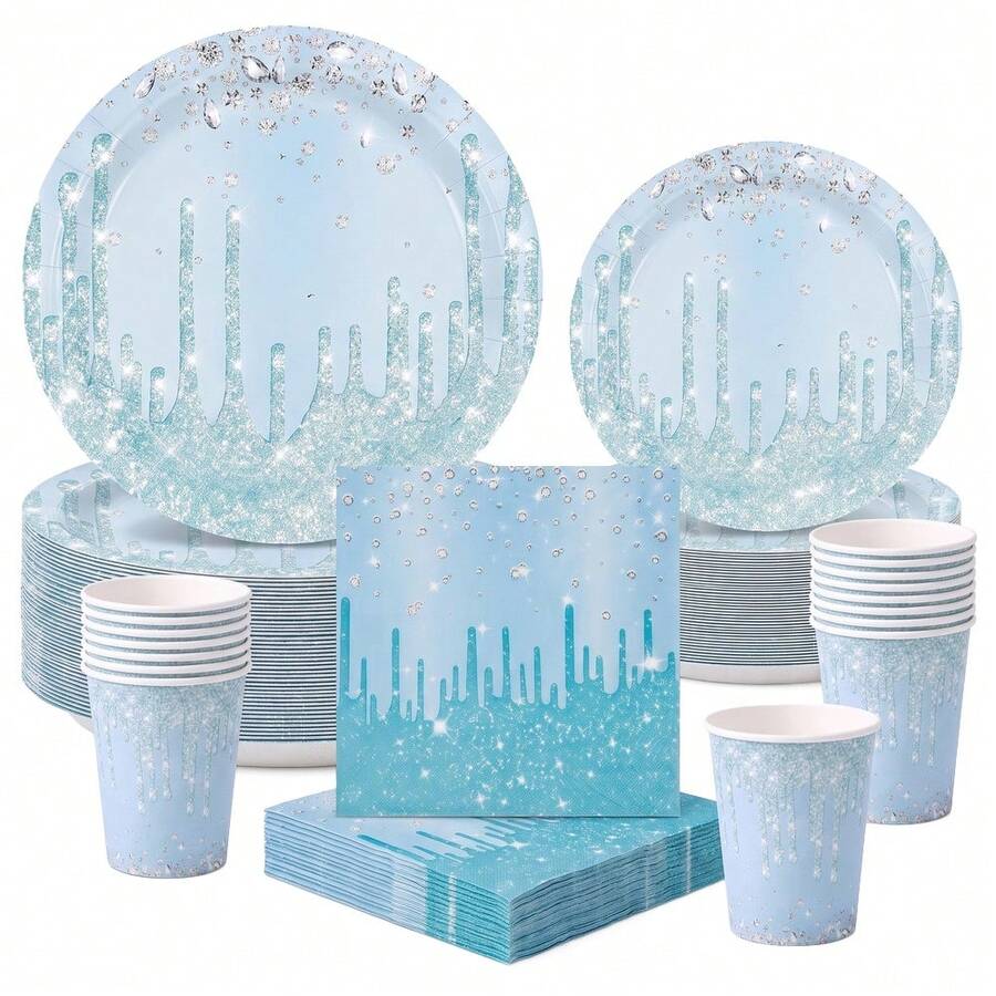 Juego de vajilla desechable de 10/20/50 piezas con brillo azul claro y strass, platos de papel de 7 y 9 pulgadas con estampado de strass brillante, vasos, servilletas, vajilla desechable con lentejuelas, suministros para fiesta de cumpleaños dulce 16 estilo princesa - Multicolor - Ver 1