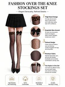 2 Pairs Mismatched Thigh High Socks, Asymmetric Over Knee Stockings, Leopard Cuff Hosiery, Bow Fishnet Socks, Punk Alt Fashion, Y2k Streetwear Socks - Black - View 3
