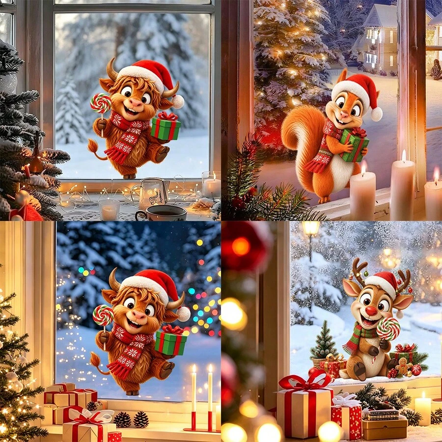 1/3pcs Winter Xmas Static Window Stickers. Cute Highland Cow Squirrel Reindeer With Santa Hat And Candy & Gift Box Design Pattern, Reusable No Residue Vinyl Decals For Glass Window Storefront Winter Xmas Holiday Home Party Decor. - Multicolor - View 1
