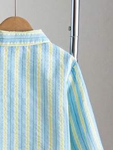 Young Boy Knight Print Shirt And Striped Long Pants Set - Baby Blue - View 4