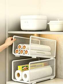 A Stackable Kitchen Storage Basket, Stackable Grid Layered Storage Rack, Vertical Stacking Cabinet Storage Basket, Kitchen Paper, Cling Film, Seasoning Bottle, Household Cabinet Storage And Organizing Accessories Combination Set - one-size - View 4
