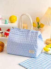 1pc/10pcs Sweet Fresh Style Quilted Fabric Rectangular Lunch Tote Bag, Diamond Embossed Pattern, With Rope Handle And Tag, Zipper Closure Insulated Food Container, Portable Thermal Cooler Bag, Suitable For Office Work, School, Picnic And Outdoor Daily Use - View 15