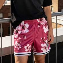 1PC Men Cherry Blossom Floral Print Mesh Athletic Shorts Contrast Striped Hem Elastic Waist Loose Fit Breathable Basketball Street Workout Casual Short Pants With Side Pockets - A - View 10