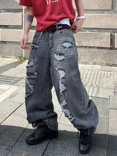Hearty Haven 1pc Men's American Street Style Distressed Denim Jeans, Loose Wide Leg Pants, Fashionable High Street All-Season Casual Commute Long Trousers (No Belt And Accessories)