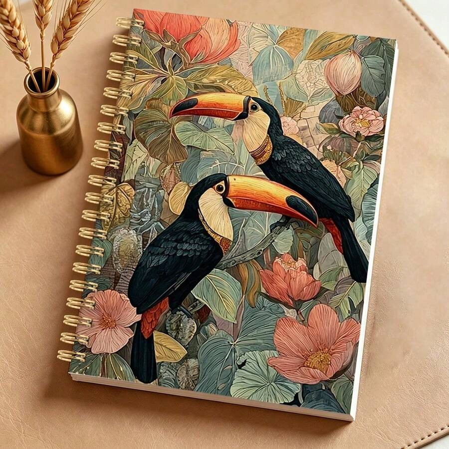 1PC Hand-Painted Rainforest Toucan A5 Notebook Daily Records Office Memo Classroom Notes Travel Handbook Portable Writing Book, Suitable For Professionals, Students And Office Use - Perfect Gift Choice, Art Cover Design, Multifunctional - Multicolor - View 1