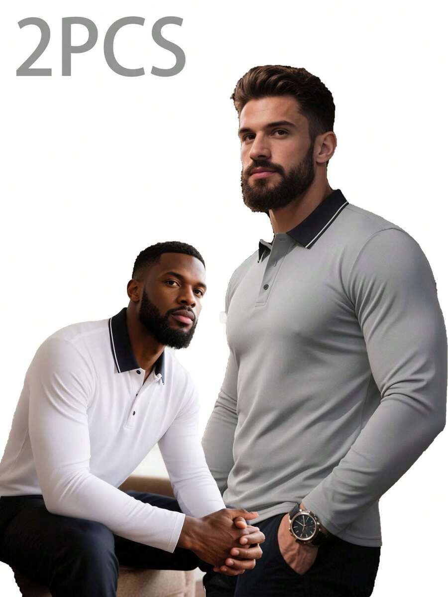 2pcs Men's Long Sleeve Polo Shirts Casual Sports Commute Collared Tops - Multicolor - View 1