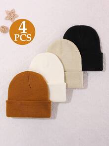 4pcs Multicolor Children's Folded Knit Hats, Soft Elastic Warm Winter Hats, Suitable For Boys And Girls, For Cold Weather Skiing Cycling Outdoor Wear - Knitted Hat - View 5