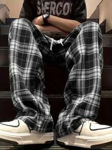 Men's Plaid Wide Leg Pants, Comfortable Fabric With Structured Fit, Large Front Pockets For Practical Storage, Natural Stacked Hem For Relaxed Vibe, Versatile For Any Shoe Style, Ideal For Couples Outings And Light Outdoor Activities - Grey - View 8