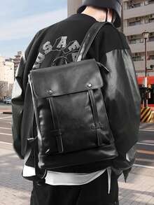 Tas Ransel Kulit PU Berkualitas Tinggi dengan Penutup Kapasitas Besar, Tas Laptop Mewah untuk Bisnis, Perjalanan, Tas Ransel Mahasiswa, Tas Ransel Modis untuk Pria - Hitam - View 2