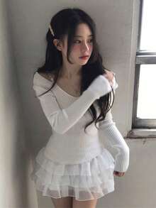 Women's Solid Color Casual Versatile Daily Wear Knit Top - White - View 3