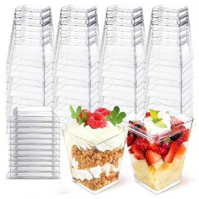 100pcs/50pcs/25pcs/20pcs/10pcs Reusable DIY Dessert Molds, Square Transparent Ice Cream Cake Cups With Optional Clear Lids, Pudding Cups, Low-Temperature Resistant And Easy To Clean, Suitable For Cafes, Snacks, Buffet Desserts, Home, Entertaining, Kitchen, Baking Parties, Pudding, Cheesecake, Mousse, Jelly Cups