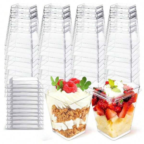 100pcs/50pcs/25pcs/20pcs/10pcs Reusable DIY Dessert Molds, Square Transparent Ice Cream Cake Cups With Optional Clear Lids, Pudding Cups, Low-Temperature Resistant And Easy To Clean, Suitable For Cafes, Snacks, Buffet Desserts, Home, Entertaining, Kitchen, Baking Parties, Pudding, Cheesecake, Mousse, Jelly Cups