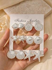 2-12 piezas Pendientes de estrella de mar y concha plateados, adecuados para usar en verano, viajes y vacaciones - Plateado - Ver 2