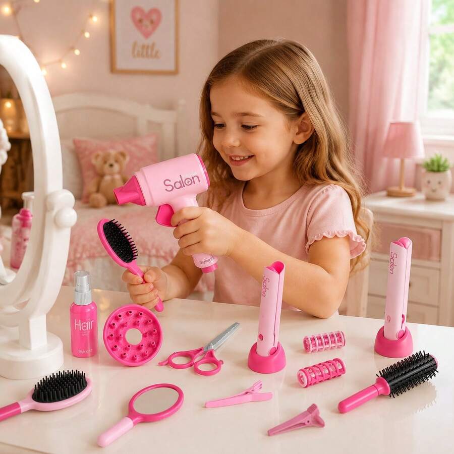 Juego de rol de peluquera para niñas, kit de salón de belleza simulado con secador de pelo, rizador y espejo, herramientas de peinado completas, juguete de belleza de princesa para juego de fantasía, regalo perfecto para cumpleaños, Navidad, vacaciones, regreso a la escuela, Acción de Gracias y todas las festivida
