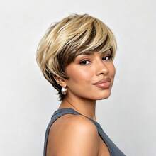 Fashion Layered Short Pixie Cut Human Hair Wig For Women With Bangs, 100% Human Hair, Gradient Brown To Blonde, Fully Machine Woven Elastic Mesh Cap, Ready To Wear For Holiday, Party And Daily Use - S4/27 - View 4