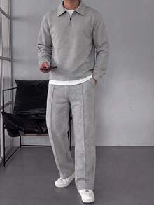 2pcs/Set Men's Jacquard Fabric Casual Fashion Polo Shirt With Stand Collar And Straight Leg Sports Pants, Suitable For Daily Wear In Autumn/Winter - Grey - View 1