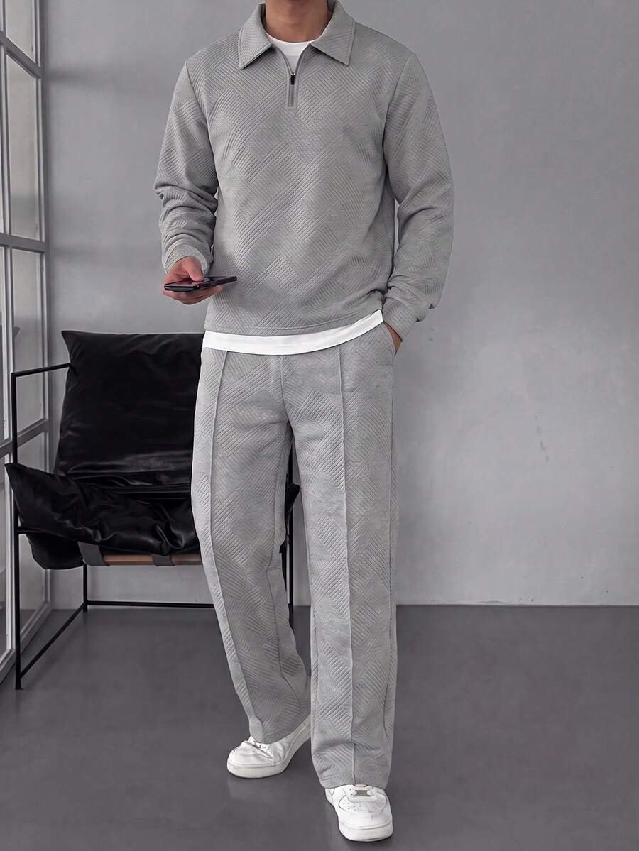 2pcs/Set Men's Jacquard Fabric Casual Fashion Polo Shirt With Stand Collar And Straight Leg Sports Pants, Suitable For Daily Wear In Autumn/Winter - Grey - View 1