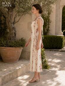Cream Floral Print |   Women's Elegant Cream Floral Print Sequin Mesh Ruffle Trim Bodycon Maxi Dress - 奶油花卉 - 查看 3
