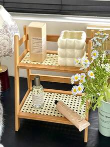 5PCS/1PC Ins Vintage Style Rattan Material Double-Tier Rectangular Shape Featuring Woven Mesh Shelves And Space-Saving Storage Function Desktop Organizer Shelf Suitable For Office Desk And Bedroom Vanity Decoration - Multicolor - View 7