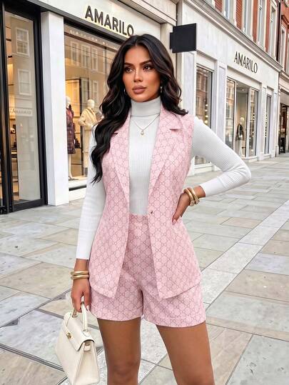 Women's Pink Sleeveless Blazer And Shorts Set, Lapel Collar, Button Detail, Suitable For Fashionable Autumn Looks And Outfits