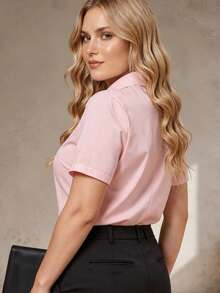 Plus Size Women Business Shirts Professional Daily Short Sleeve Blouse - Pink - View 3