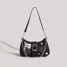 Black Star Pattern Denim Shoulder Bag, Unique Buckle Chain Baguette Bag, Vintage Niche Shoulder/Crossbody Bag - Multicolor - View 7