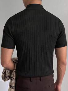 Solid Color Half-High Neck Vertical Stripe Short Sleeve Knit Pullover Top Men's Casual Slim Fit - Black - View 2