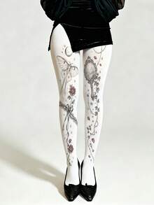 Gothic Asymmetric Print Tights With Mirror Rose And Moth Tattoo-Style Design, Unique Style - Multicolor - View 6