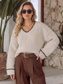 NiceArt Women's Autumn Oatmeal Color Mixed Wool Blend V-Neck Contrast Wave Trim Long Sleeve Loose Ribbed Knit Pullover Sweater, Neutral Soft Casual - Khaki - View 10